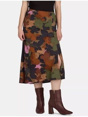 Time and Tru Floral Midi Slip Skirt in Olive, Brown & Pink